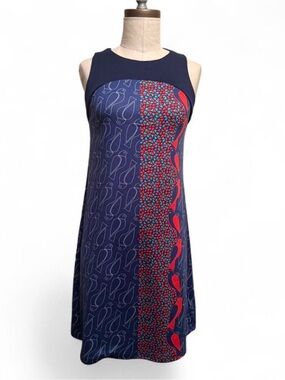 Global Desi bird geometric print sleeveless dress knee length navy orange boho